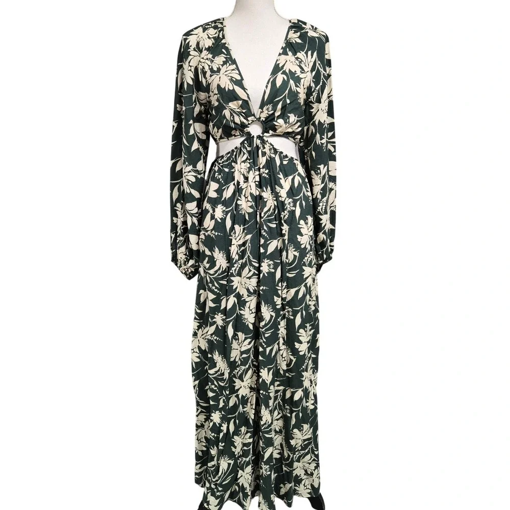 Abercrombie & Fitch Floral Print Cut-Out Maxi Dress Tropical Green Womens Size S
